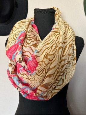 Floral & Animal Print Lightweight Infinity Scarf - Beige and Pink